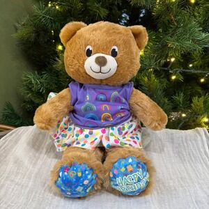 Build a Bear Workshop Happy Birthday Teddy Bear Plush Purple‎ Rainbow Outfit